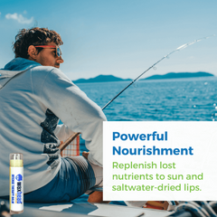 Vanilla Healing Lip Balm showcased next to a man fishing, highlighting powerful nourishment for dry lips.