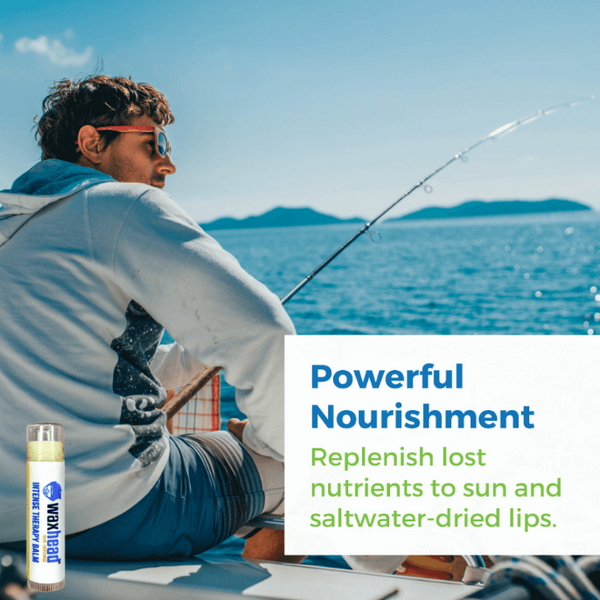 Vanilla Healing Lip Balm showcased next to a man fishing, highlighting powerful nourishment for dry lips.