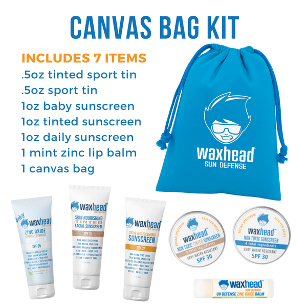 Canvas bag kit with Waxhead sun defense products on a white background