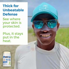Smiling man wearing sunglasses with a caption promoting Reef Safe Zinc Sunscreen Stick for unbeatable skin protection in heat.