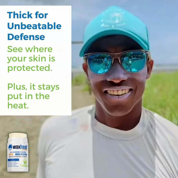 Smiling man wearing sunglasses with a caption promoting Reef Safe Zinc Sunscreen Stick for unbeatable skin protection in heat.