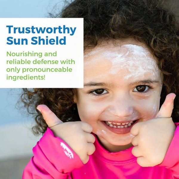 Child with sunscreen on face, promoting Bulk Sunscreen Gallon for safe sun protection.