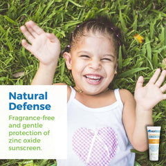 Mineral Zinc Oxide Sunscreen for safe, fragrance-free protection, featuring a smiling child outdoors.