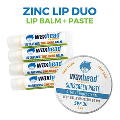 A series of stick zinc oxide lip balms with branding and text detailing the product's function and ingredients.