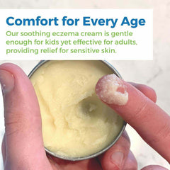 Healing Salve Shea Butter Balm in a container with a finger applying on skin for eczema relief.