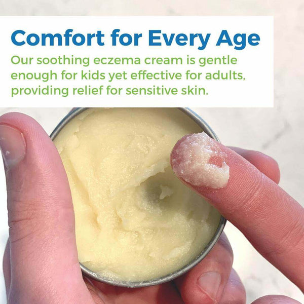 Healing Salve Shea Butter Balm in a container with a finger applying on skin for eczema relief.