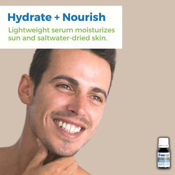 Organic Rosehip Seed Oil Serum for hydrating and nourishing sun-damaged skin, featuring a smiling man with radiant skin.