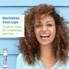 Vanilla Healing Lip Balm displayed with woman smiling, showcasing organic lip care for soft lips.