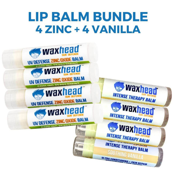 A series of stick zinc oxide lip balms with branding and text detailing the product's function and ingredients.