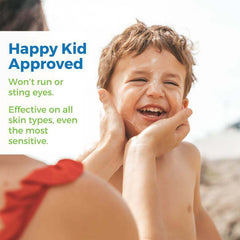 Happy kid wearing Bulk Sunscreen Gallon, enjoying safe sun protection without stinging or running into eyes.