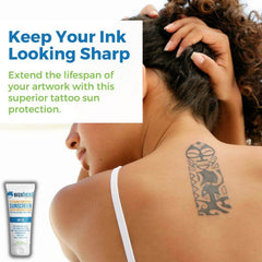 Zinc Oxide Sunscreen - Vitamin Enriched displayed next to a tattooed shoulder, promoting sun protection for tattoos.