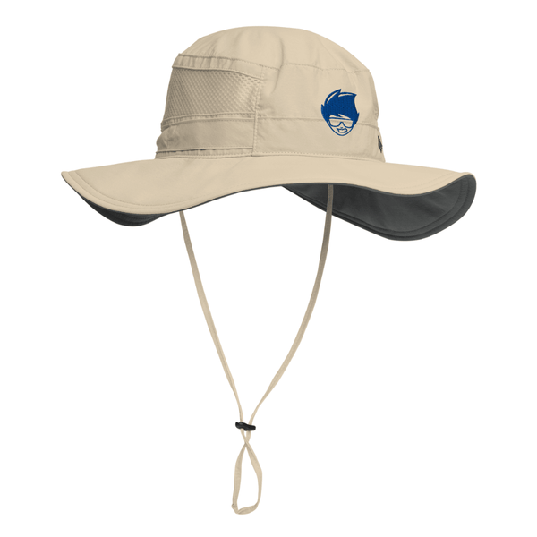 tan sun hat showing adjustable chin drawcord and rear toggle