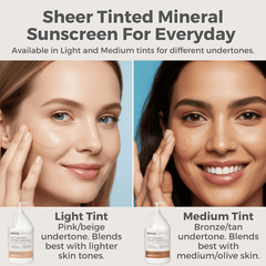 Post Treatment Tinted Mineral Sunscreen options for lighter and medium skin tones displayed by two models.