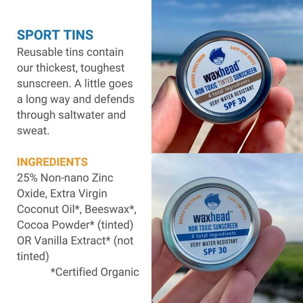 Waxhead Starter Kit sport tins featuring non-toxic tinted sunscreen SPF 30 with reusable packaging and organic ingredients.