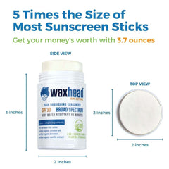 Reef Safe Zinc Sunscreen Stick dimensions showcasing top and side views with size comparison to standard sunscreen sticks.