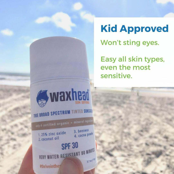 Tinted Zinc Sunscreen Stick for Face with SPF 30, kid approved, water-resistant, suitable for sensitive skin.