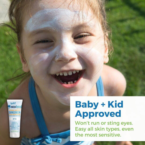 Happy child with sunscreen on face enjoying outdoor play, showcasing Baby Mineral Sunscreen Zinc Oxide for sensitive skin.