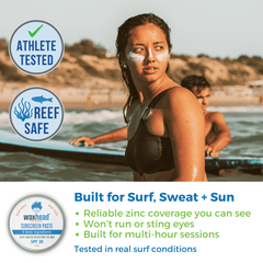 Zinc Oxide Sunscreen Paste on a surfer woman, emphasizing athlete tested, reef safe, and built for surf, sweat, and sun.