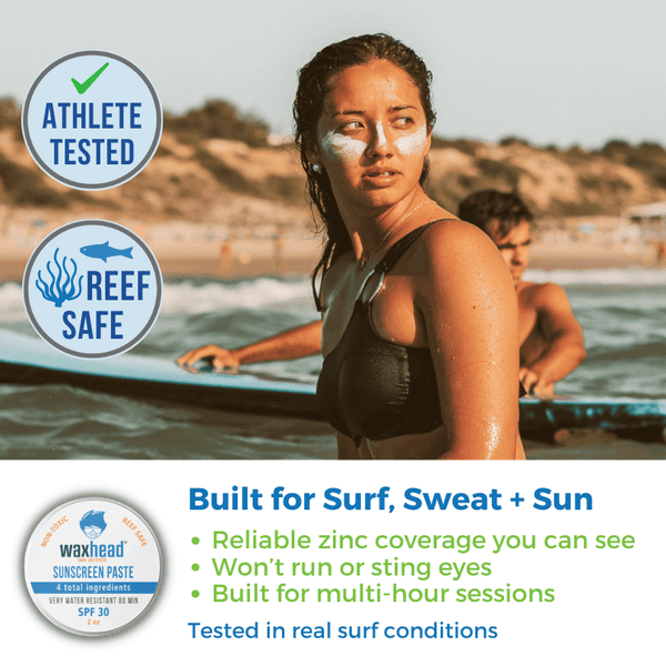 Zinc Oxide Sunscreen Paste on a surfer woman, emphasizing athlete tested, reef safe, and built for surf, sweat, and sun.