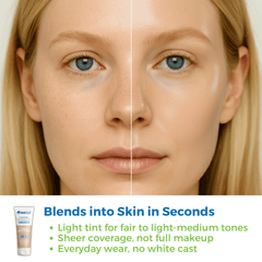 Tinted Gallon Sunscreen with Iron Oxide shown blending into skin, light tint for fair to light-medium tones.