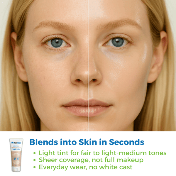 Tinted Gallon Sunscreen with Iron Oxide shown blending into skin, light tint for fair to light-medium tones.
