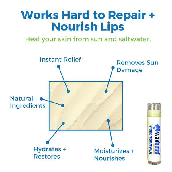 Vanilla Healing Lip Balm packaging and benefits highlighting natural ingredients and moisture restoration for lips.