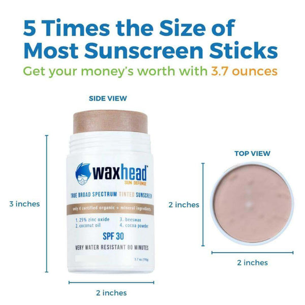 Tinted Zinc Sunscreen Stick - side and top view, showcasing dimensions and features, 3.7 ounces, SPF 30.