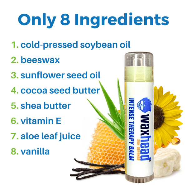 Vanilla Healing Lip Balm with 8 natural ingredients: soybean oil, beeswax, sunflower seed oil, cocoa butter, shea butter, vitamin E, aloe juice, and vanilla.