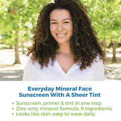 Mineral Tinted Sunscreen for Face displayed with a smiling woman, showcasing a glowy, dewy finish.
