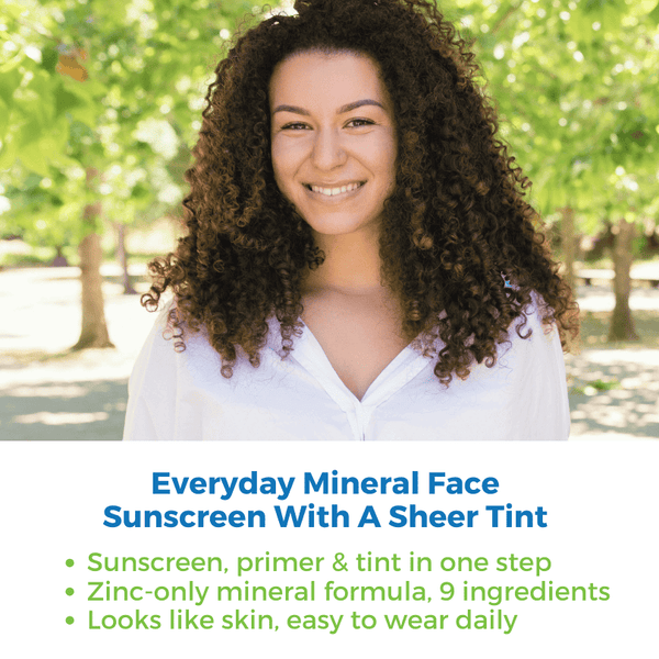 Mineral Tinted Sunscreen for Face displayed with a smiling woman, showcasing a glowy, dewy finish.