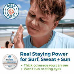 Person applying sunscreen with REEF SAFE logo and waxhead sunscreen paste advertisement.