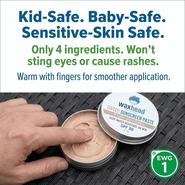 Sunscreen paste with a hand applying it, labeled as 'Kid-Safe', 'Baby-Safe', and 'Sensitive-Skin Safe'.