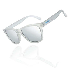 Silver Polarized Sunglasses – Recycled Plastic / TARPON with sleek mirrored lenses on a reflective surface.