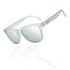 Silver Polarized Sunglasses – Recycled Plastic / TARPON with sleek mirrored lenses on a reflective surface.