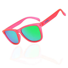 Pink Polarized Sunglasses made from recycled plastic with vibrant green lenses.