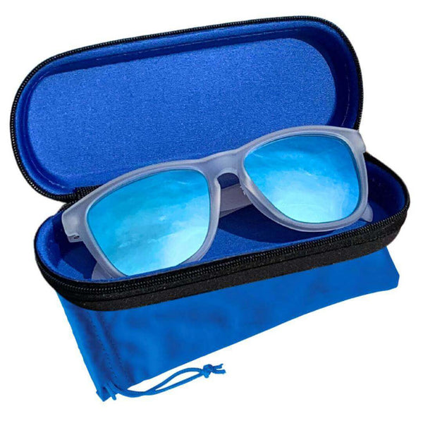 White Polarized Sunglasses with blue polarized lenses in a blue case.