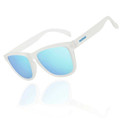 White Sunglasses Polarized with blue lenses, eco-friendly design made from recycled plastic.