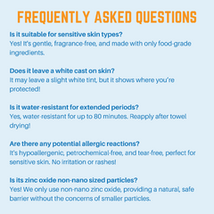 Frequently asked questions about Zinc Oxide Sunscreen Gallon, highlighting suitability, water resistance, allergens, and particle size.