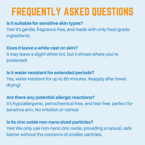 Frequently asked questions about Zinc Oxide Sunscreen Gallon, highlighting suitability, water resistance, allergens, and particle size.