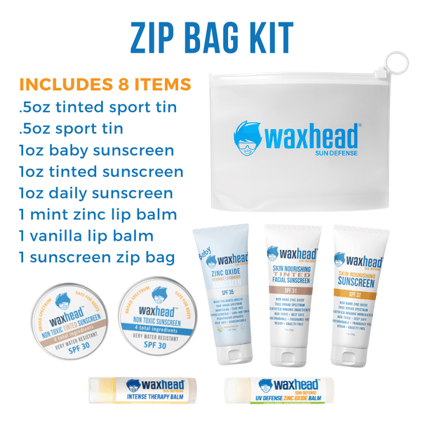 Waxhead sun care product set with zip bag on a white background