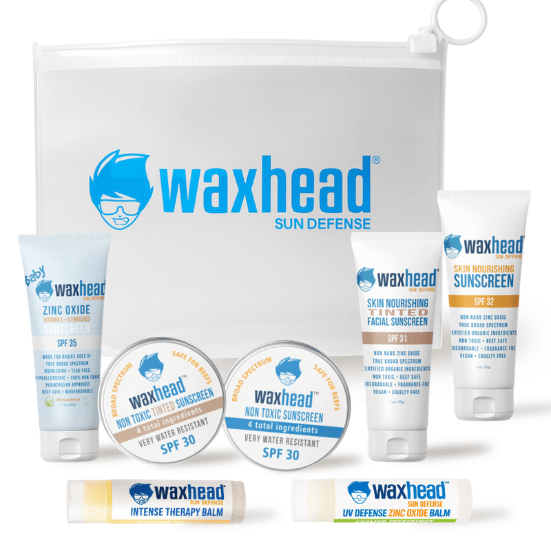 Waxhead sun defense products including sunscreen and balm on a white background