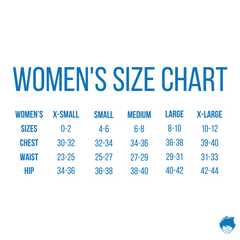 Women's size chart with measurements for chest, waist, and hip in X-Small to X-Large categories.