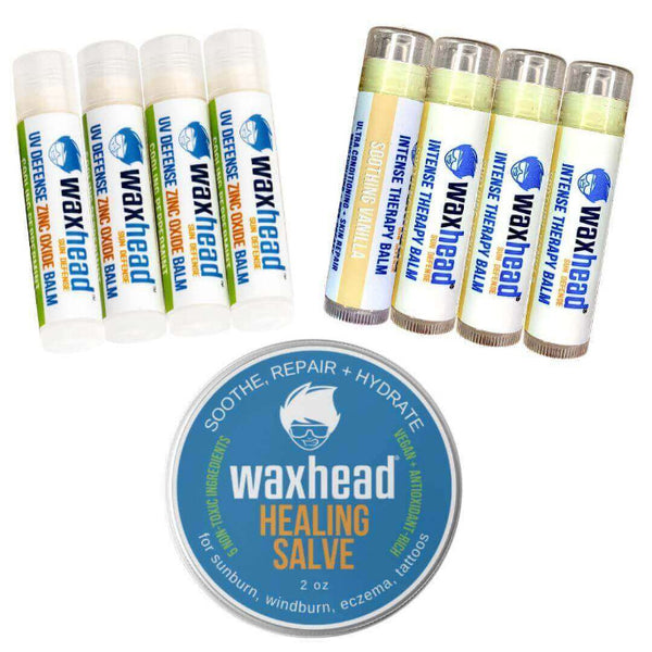 Vanilla Healing Lip Balm collection featuring UV Defense and Intense Therapy balms with Waxhead Healing Salve.