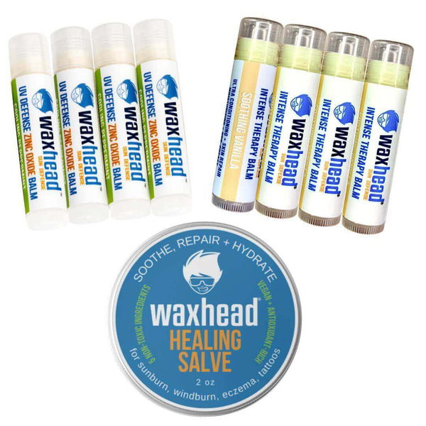Healing Salve Shea Butter Balm and other Waxhead balms for sunburn and eczema relief.