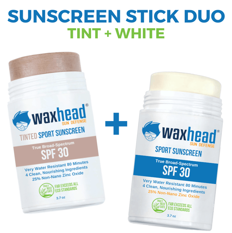 Two sunscreen sticks from Waxhead on a white background with text indicating 'Sunscreen Stick Duo Tint + White'.