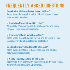 Frequently asked questions about Tinted Zinc Sunscreen Stick characteristics and application tips.