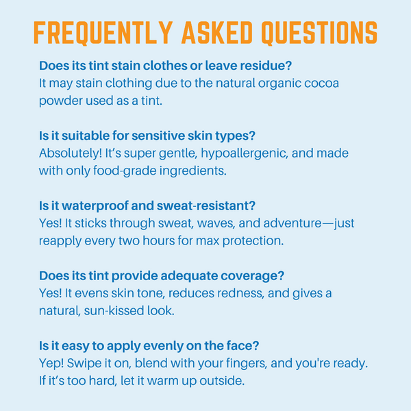 Frequently asked questions about Tinted Zinc Sunscreen Stick characteristics and application tips.