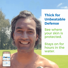 Tinted Zinc Sunscreen Stick for Face shown on a smiling man outdoors, promoting water-resistant sun protection.