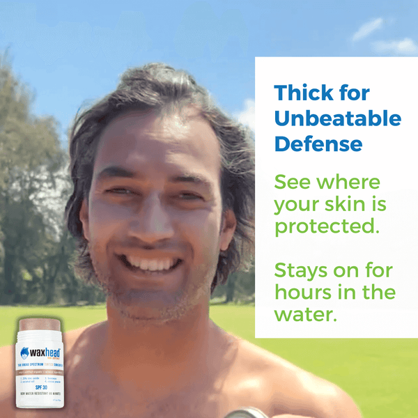 Tinted Zinc Sunscreen Stick for Face shown on a smiling man outdoors, promoting water-resistant sun protection.