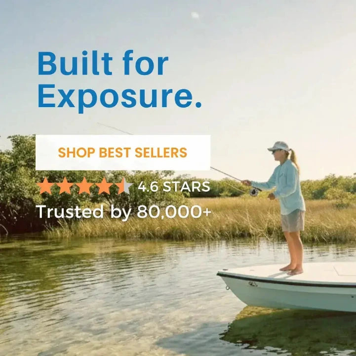 A woman stands barefoot on a white boat fishing on a calm lake, with overlaid marketing text reading 'Built for Exposure.' and 'SHOP BEST SELLERS' plus star ratings.
